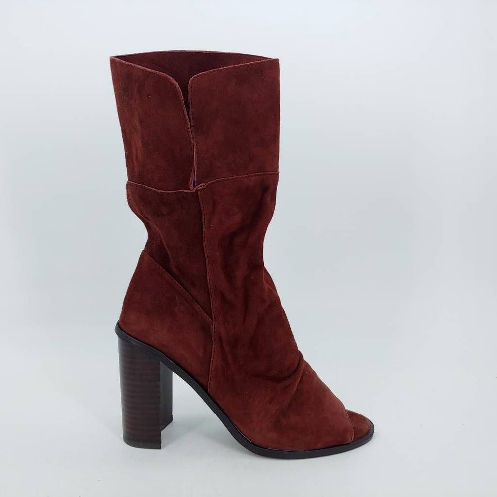 42 Gold Girls Ramada Bootie Boots Leather Brown Pull On‎ Peep Toe Stacked Heel 6